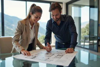 Couple consultant des plans immobiliers dans une agence moderne en Andorre avec vue sur les Pyrénées