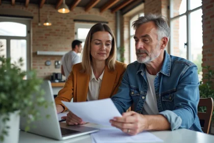Couple dans une cuisine moderne à Lyon pour achat immobilier