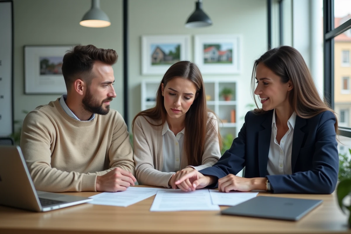 Couple d'acheteurs immobiliers discutant d'une clause contractuelle avec un agent immobilier dans une agence