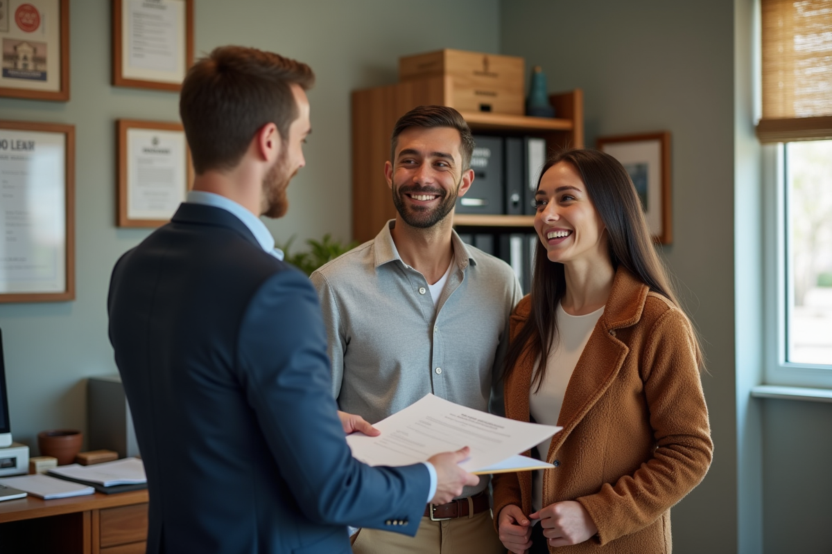 Couple souriant avec agent immobilier dans un bureau