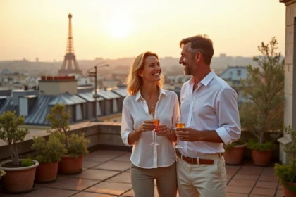 Couple élégant profitant d'un apéro sur une terrasse parisienne avec vue sur les toits haussmanniens et la Tour Eiffel