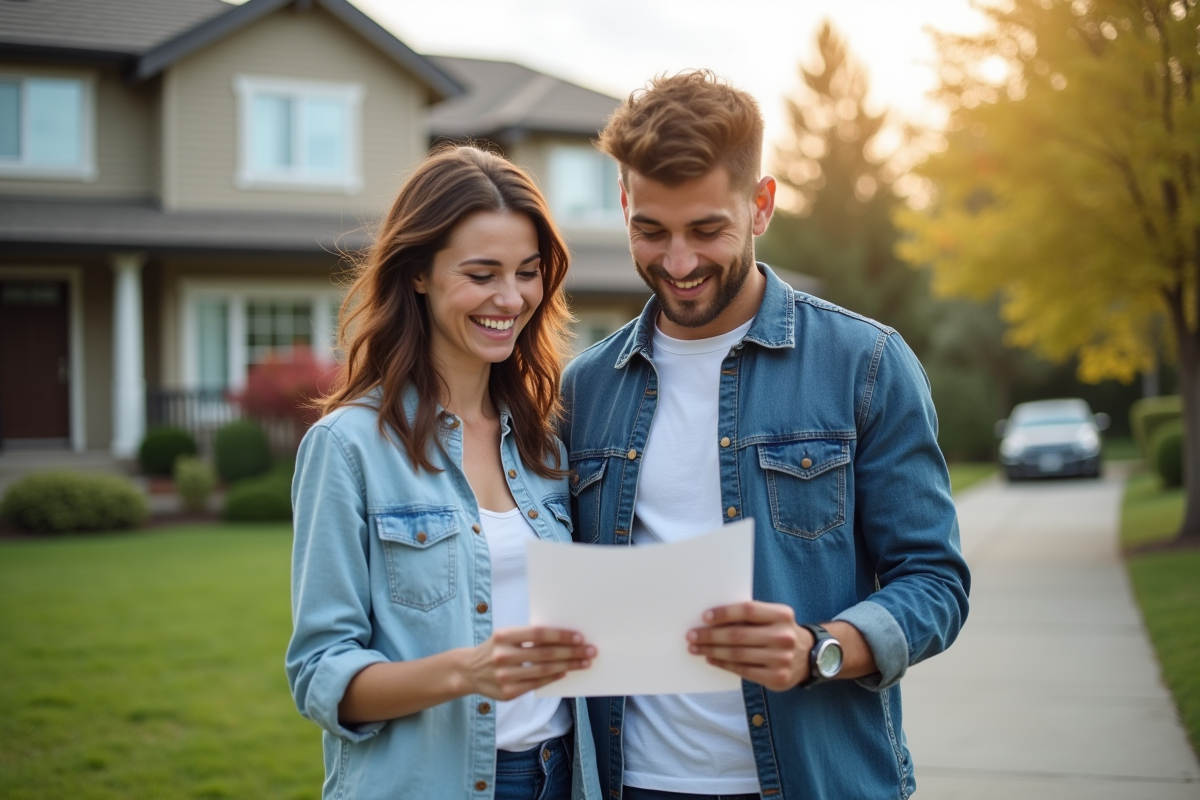 Jeune couple devant une maison pour acheter avec lettre de preapprobation