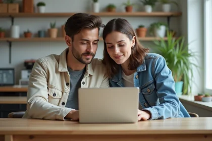 Jeune couple regardant un ordinateur dans leur appartement