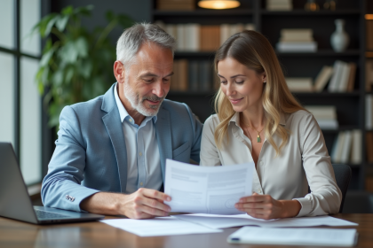 Couple d'adultes en réunion de prêt immobilier au bureau