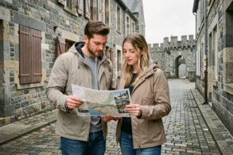 Couple étudiant une carte des quartiers de Saint-Malo dans les rues pavées de la ville intra-muros pour un premier achat immobilier