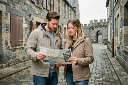 Couple étudiant une carte des quartiers de Saint-Malo dans les rues pavées de la ville intra-muros pour un premier achat immobilier