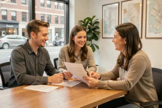 Jeune couple discutant avec un conseiller immobilier PROX'IMMO dans une agence moderne lors d'un premier achat immobilier