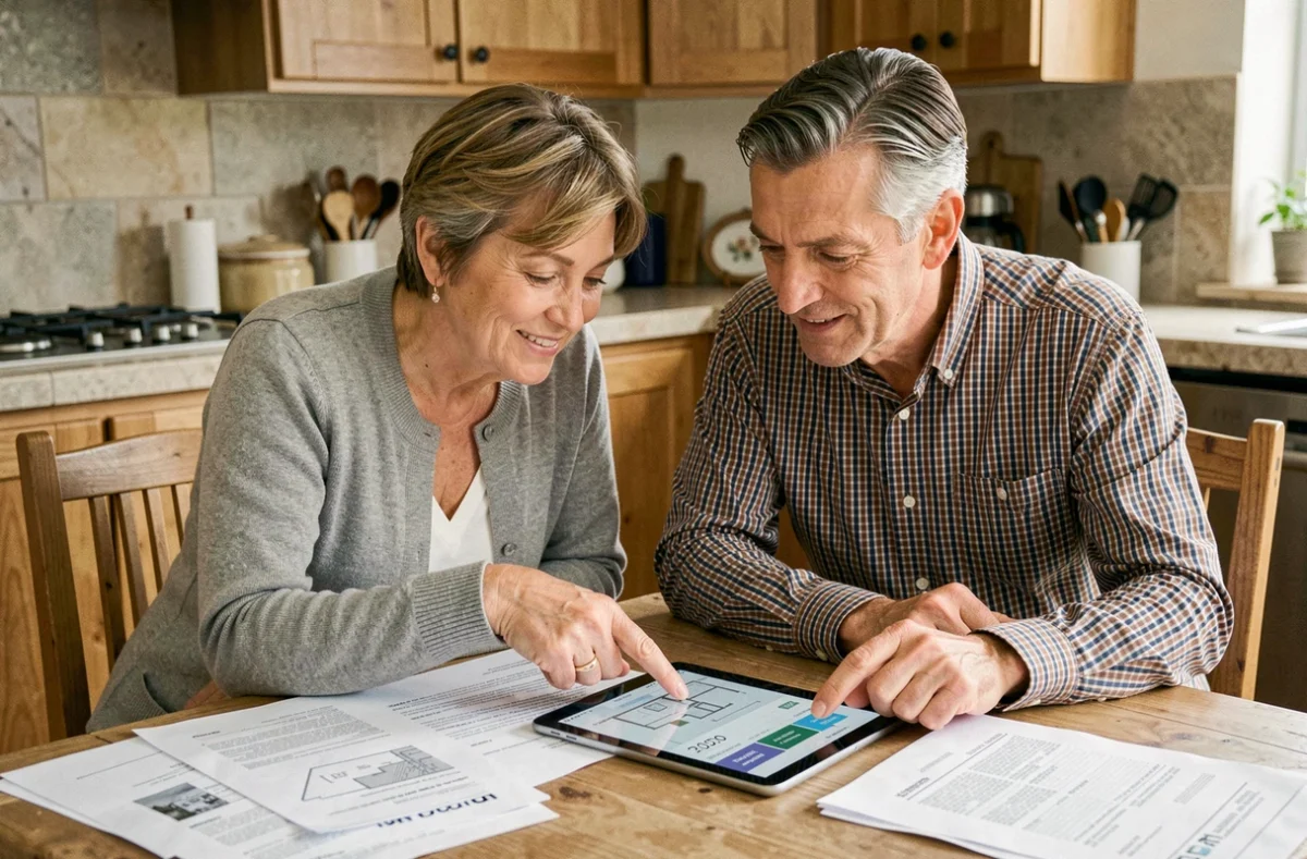 Couple examinant ensemble les résultats d'une estimation immobilière gratuite sur tablette avec des documents imprimés sur la table
