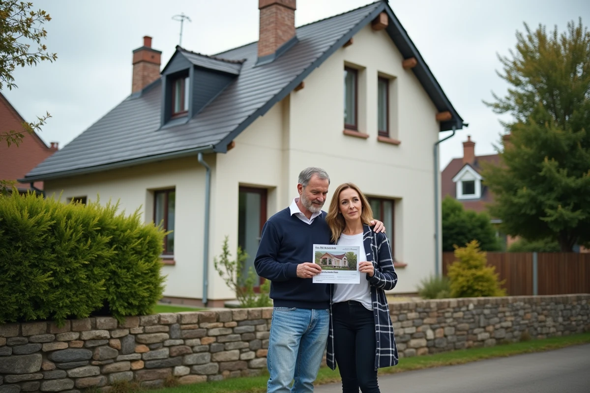 Couple évaluant leur maison acquise avec un PTZ avant une revente, devant une résidence principale en zone périurbaine française