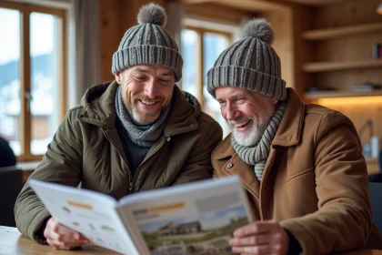 Couple souriant examinant brochures immobilières en intérieur