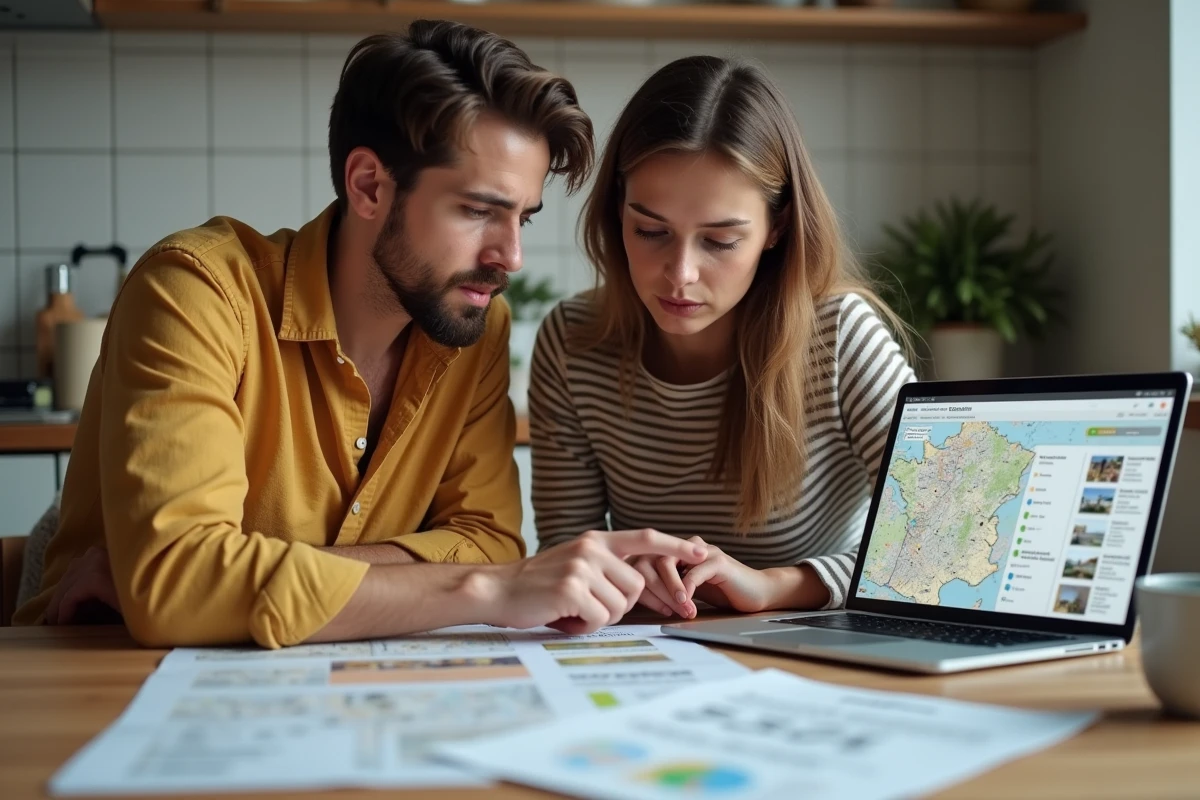 Couple de futurs locataires étudiant la liste des zones tendues avant de signer un contrat de location