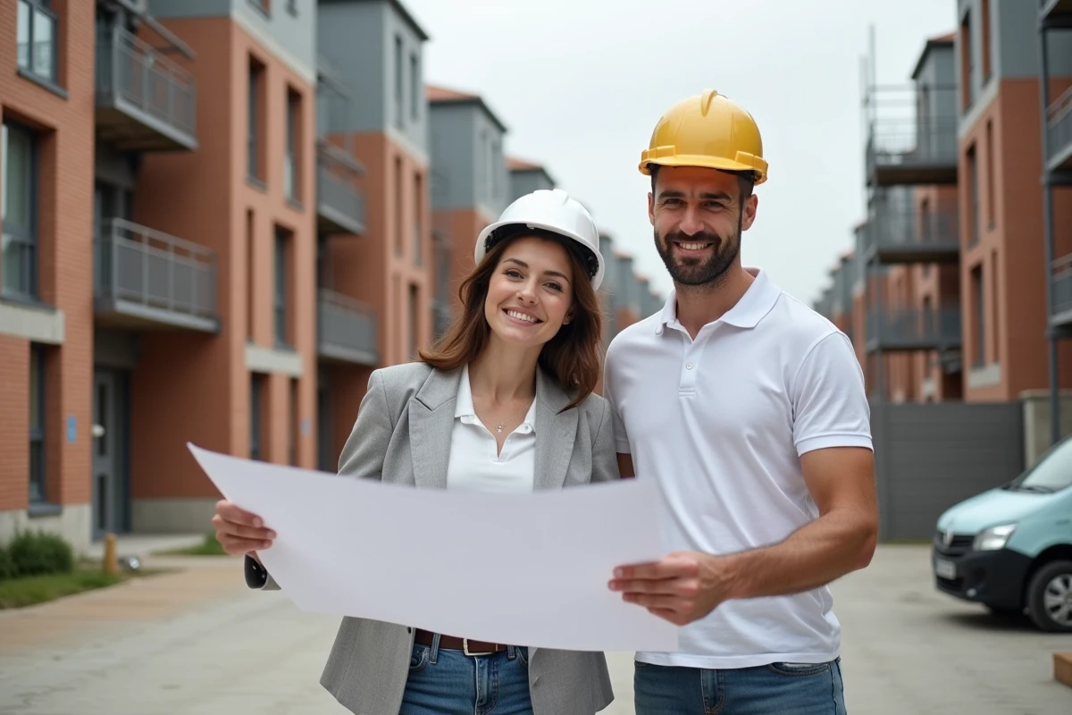 Couple examinant un plan de construction devant un immeuble neuf éligible au PSLA à Toulouse