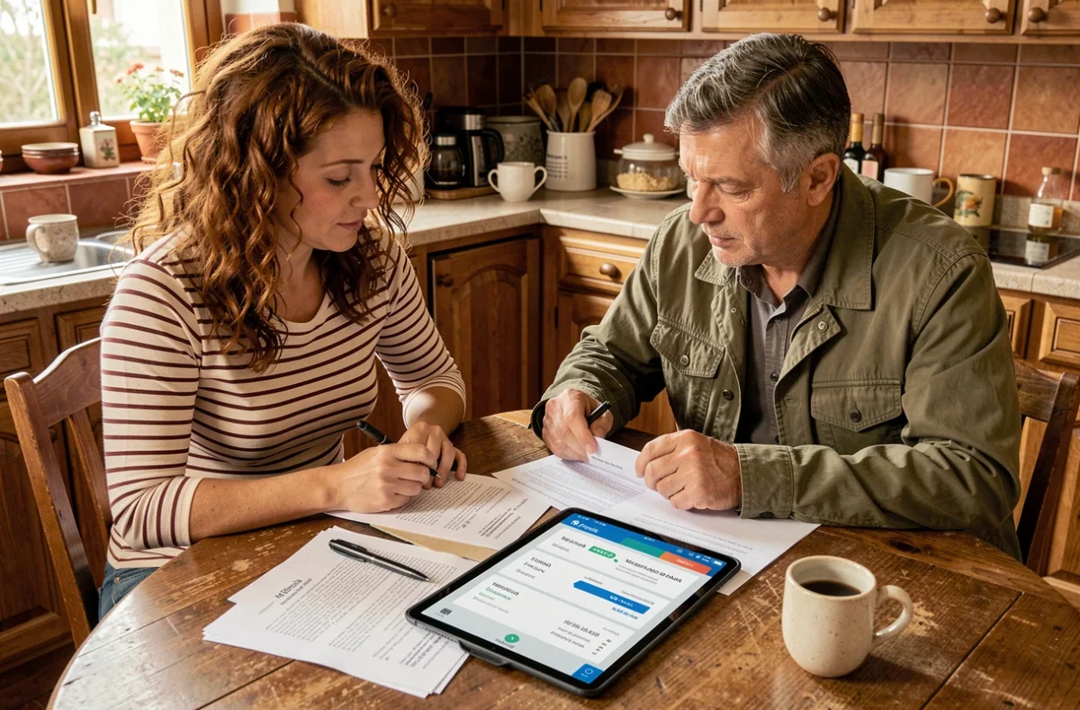 Couple de propriétaires examinant des documents de gestion immobilière et l'interface MyFoncia sur tablette dans une cuisine