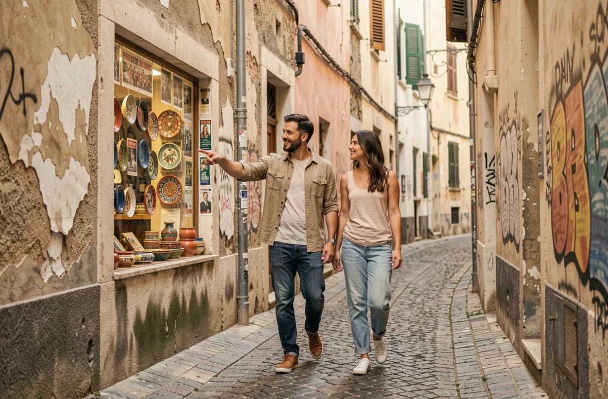 Couple se promenant dans les ruelles du quartier du Panier à Marseille pour trouver leur nouveau quartier de vie