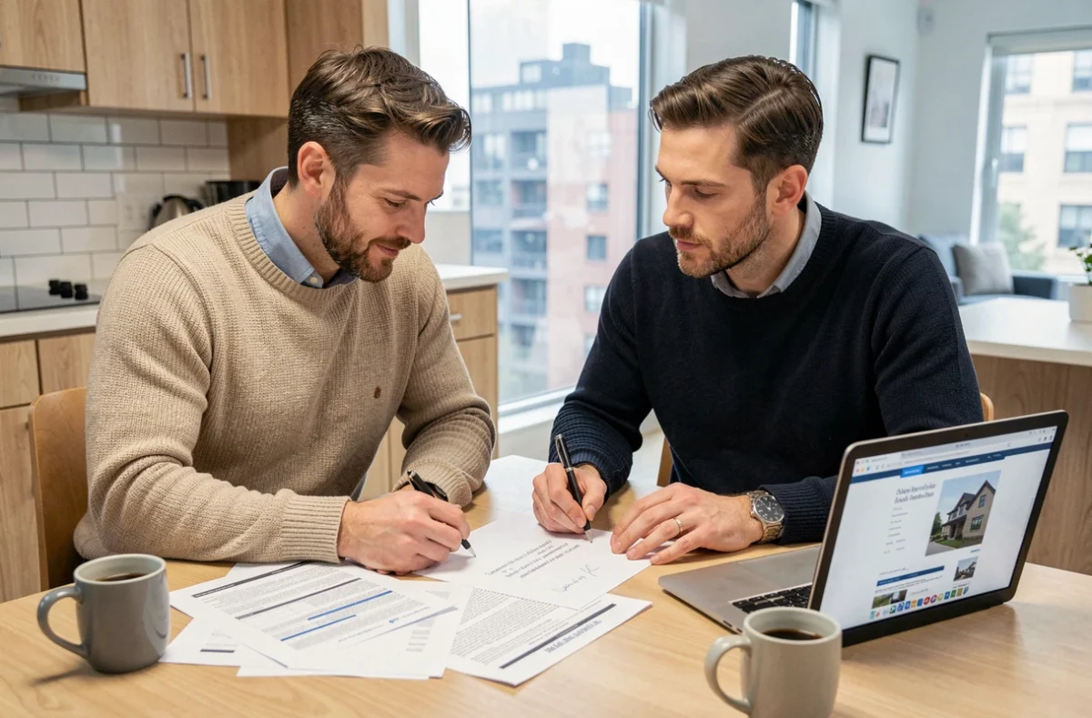Couple préparant une lettre à un notaire pour leur premier achat immobilier à domicile