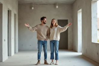 Jeune couple découvrant le plan d'un appartement T3 vide lors d'une visite immobilière