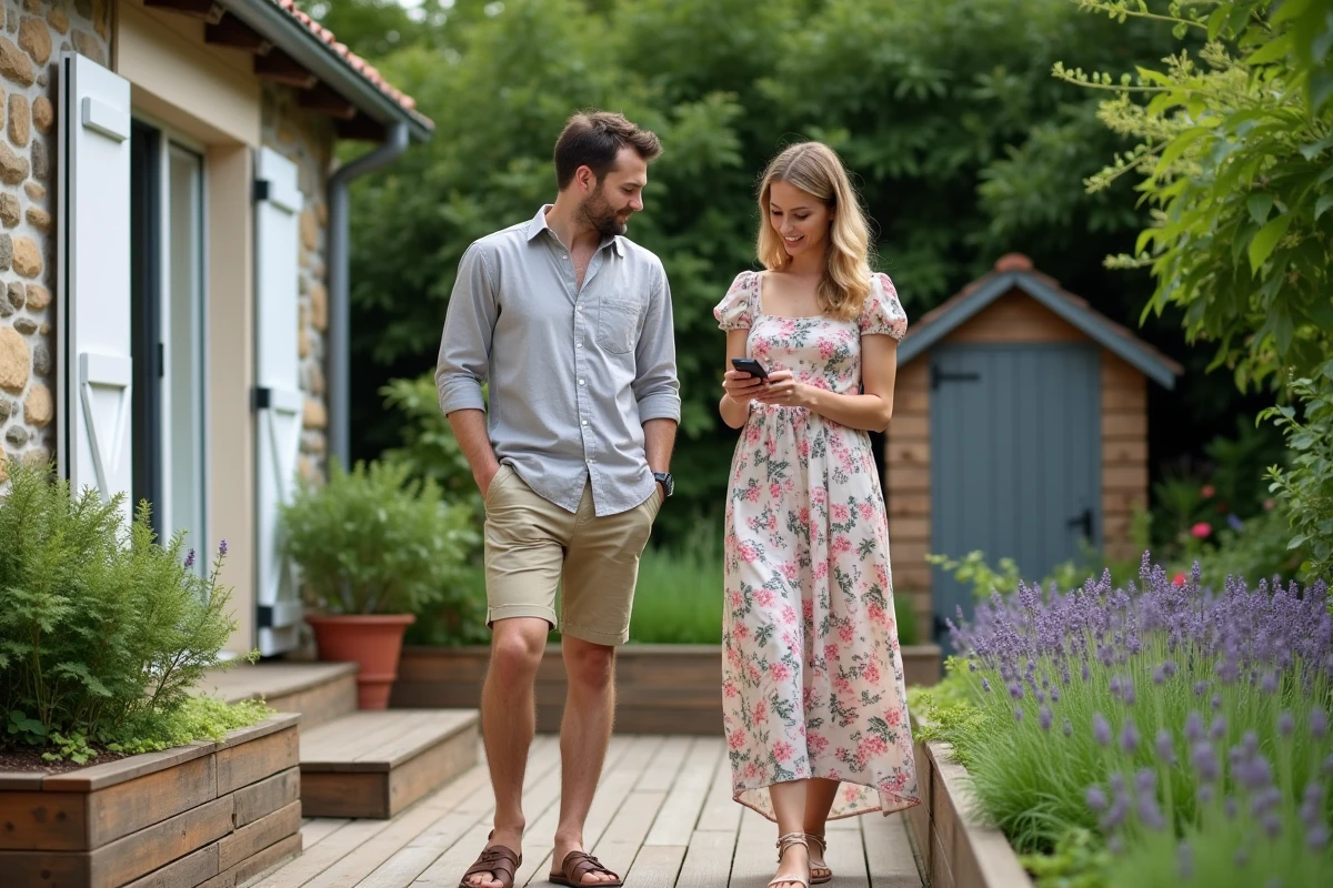 Couple visitant le jardin d'une petite maison à louer entre particuliers, examinant l'espace extérieur