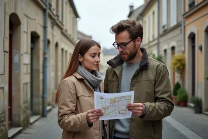 Couple consultant une carte immobilière dans un quartier résidentiel d'Alès avant un achat immobilier