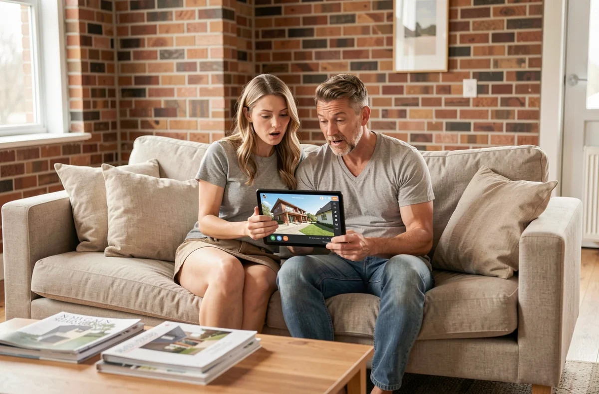 Couple consultant une visite virtuelle immobilière 360 degrés sur tablette dans leur salon