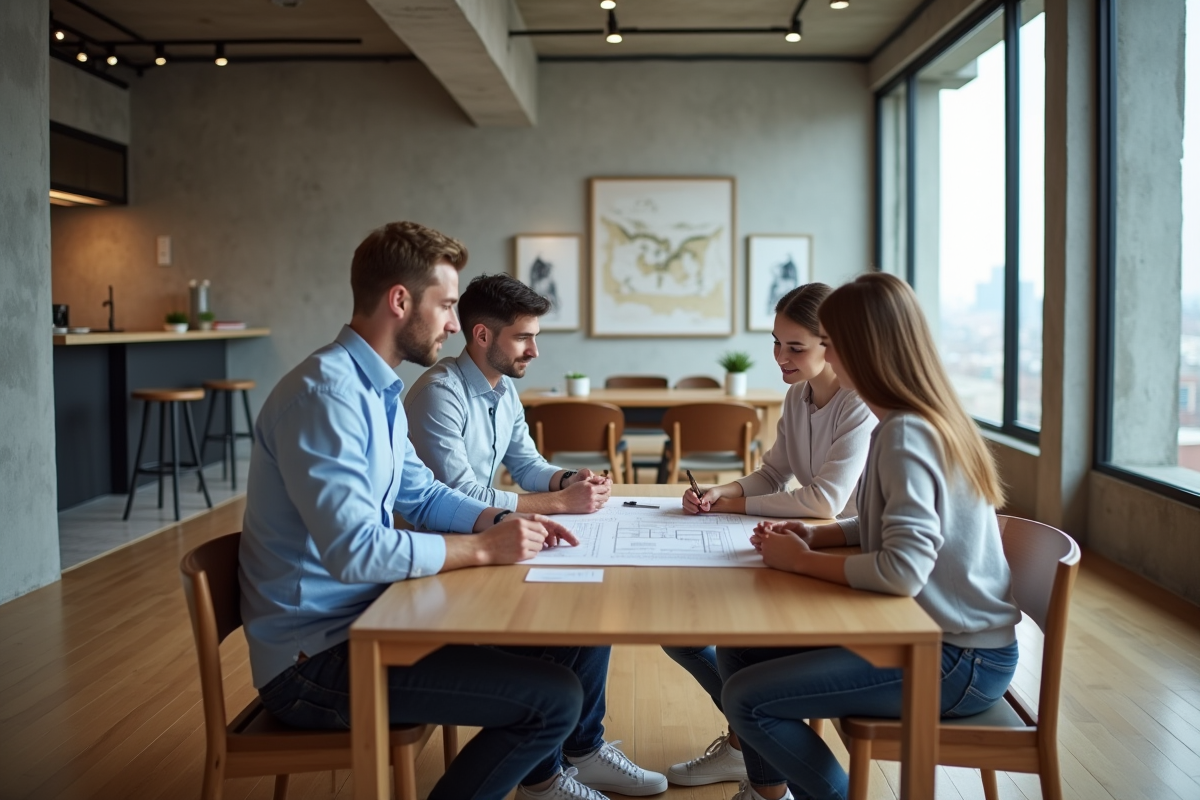 Jeune couple étudie plans dans appartement moderne