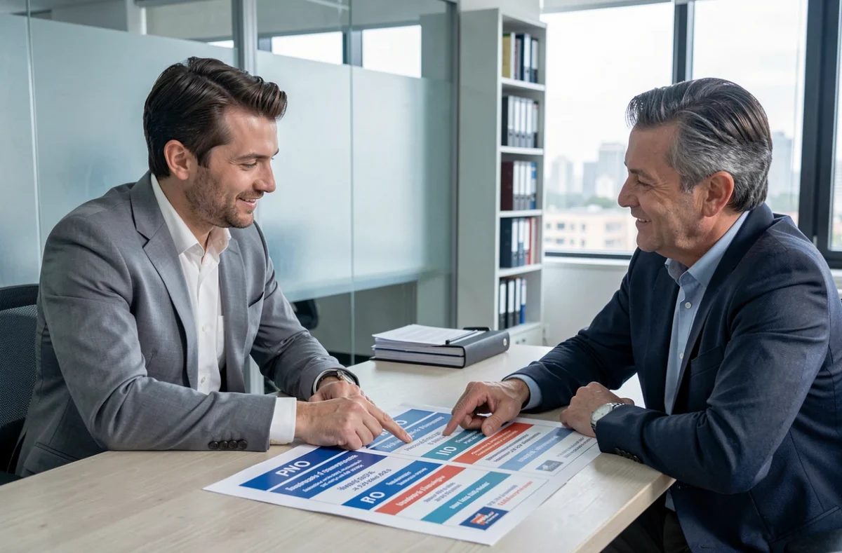 Courtier en assurance présentant un comparatif de tarifs d'assurance PNO à un propriétaire bailleur dans un bureau professionnel