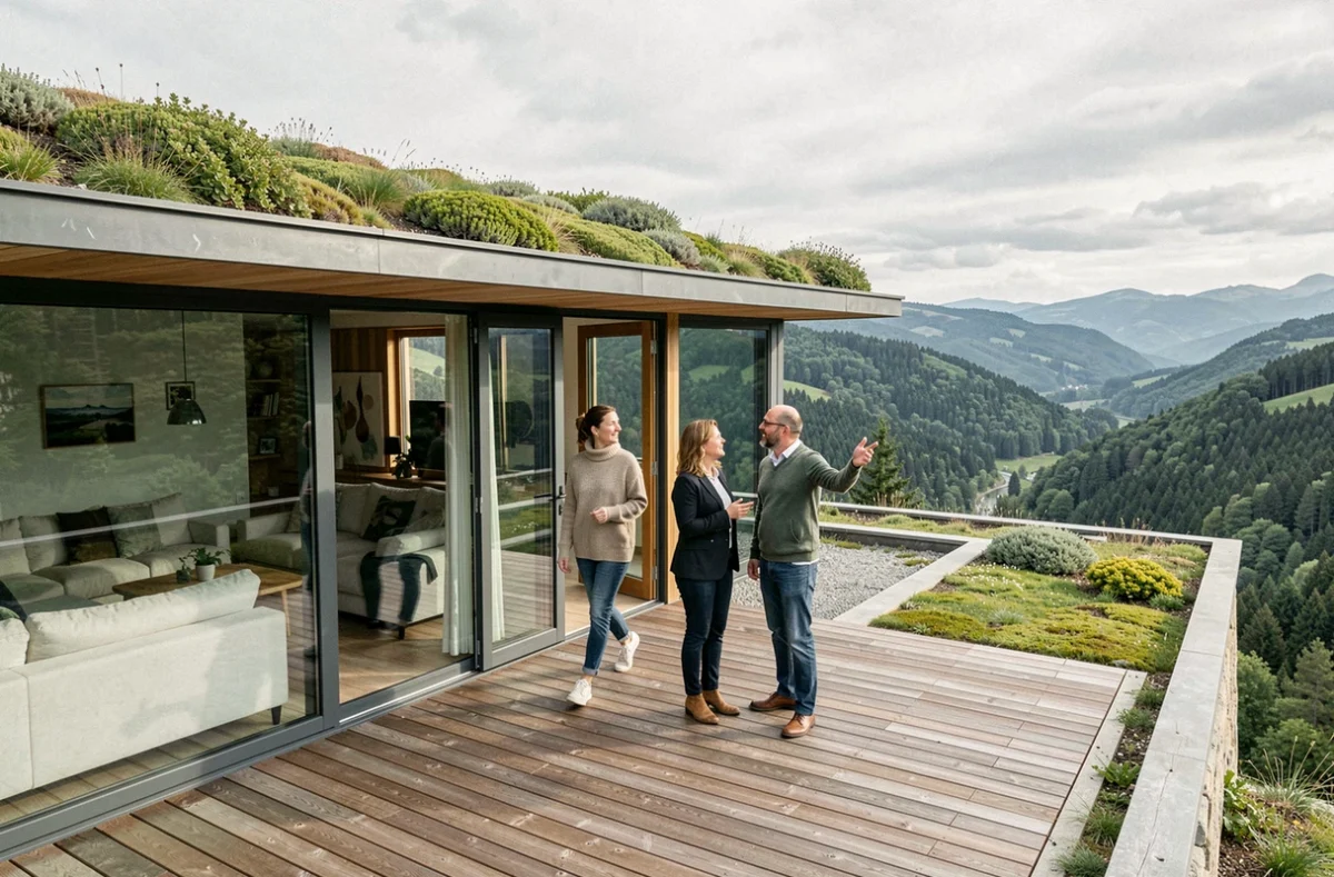 Designer et clients sur la terrasse d'une maison Créa Concept contemporaine avec vue sur vallée boisée en Auvergne-Rhône-Alpes