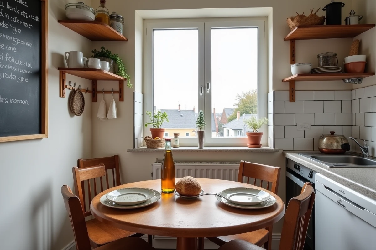 Cuisine et salle à manger d'une location saisonnière au Havre avec vue sur les toits et le port