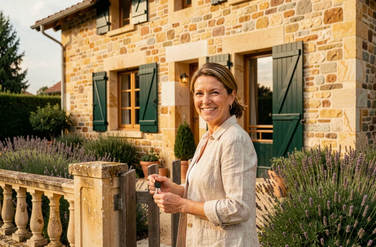 Femme souriante devant une maison de style caladois en pierre et enduit avec jardin fleuri à Villefranche-sur-Saône