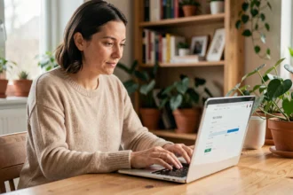 Femme consultant un devis d'assurance habitation en ligne sur un ordinateur portable dans une cuisine moderne