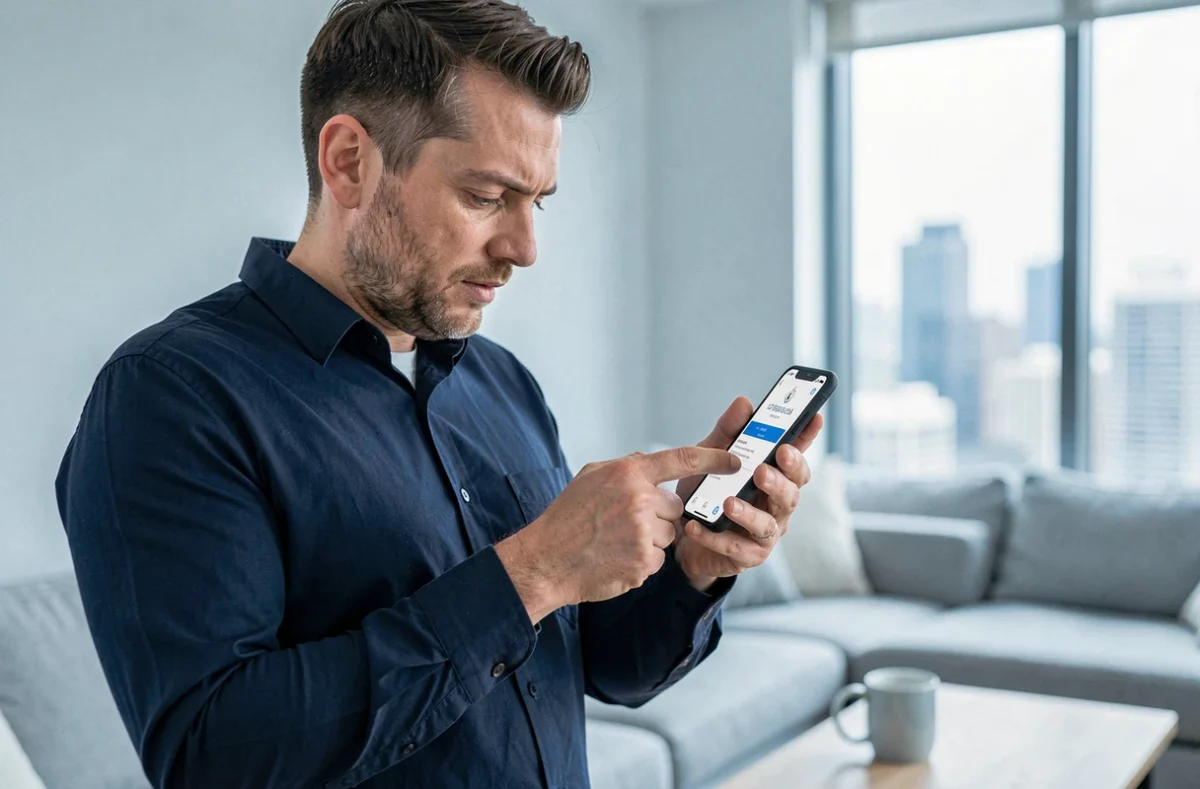 Homme utilisant une application mobile pour obtenir un devis immédiat d'assurance habitation dans son salon