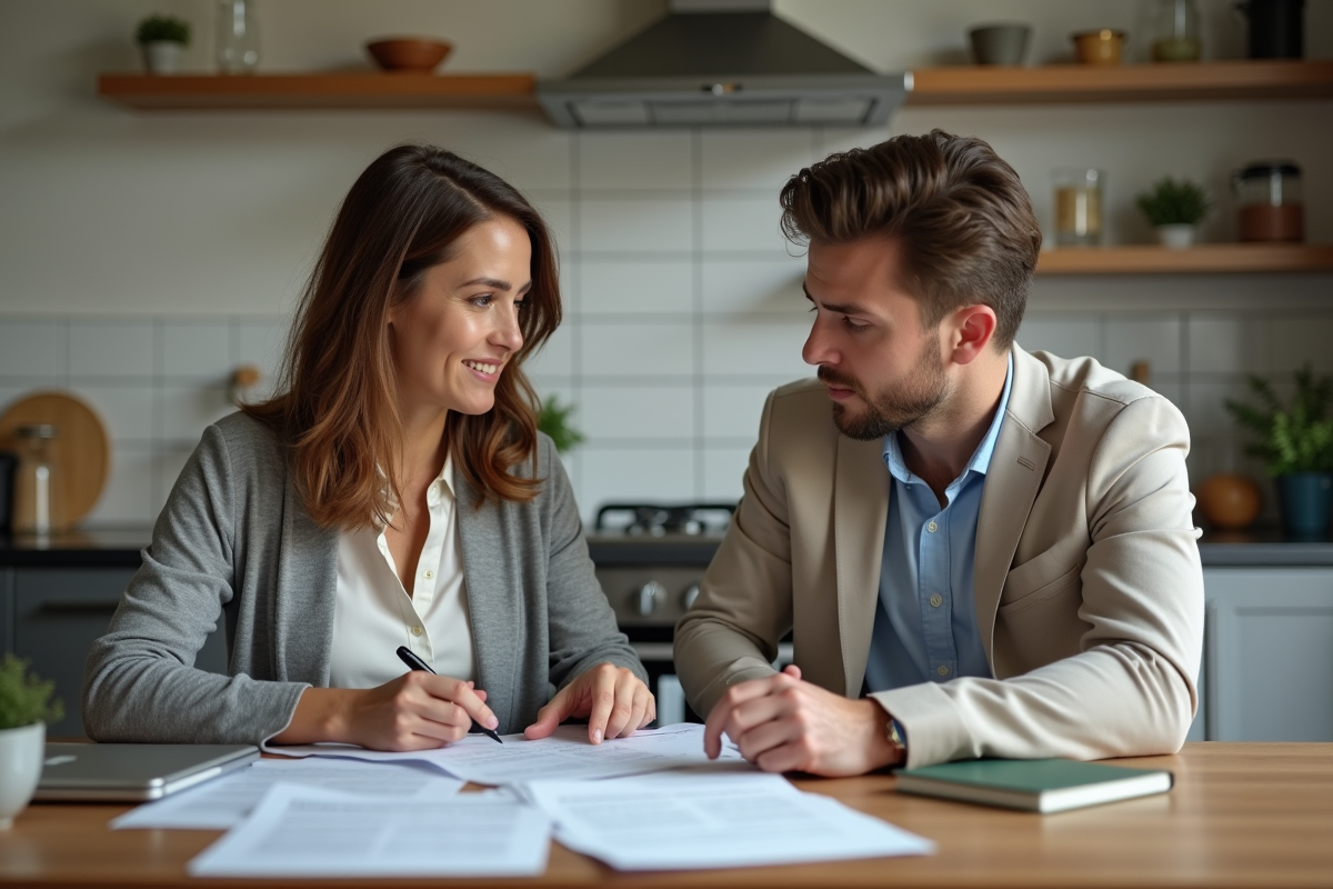 Femme discutant documents avec agent d