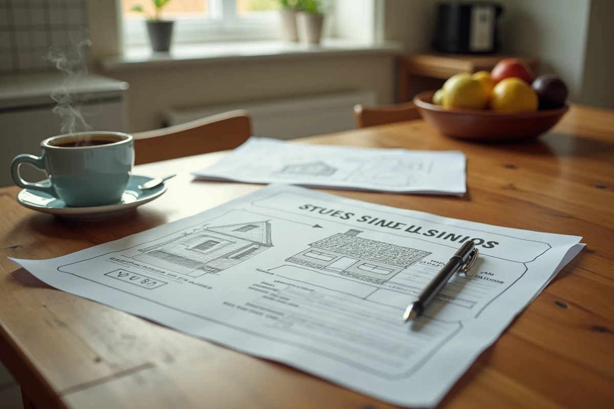 Documents d'annonce immobilière à Beauvais posés sur une table avec plan de maison annoté