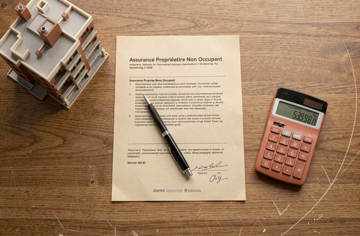 Documents d'assurance PNO, calculatrice et maquette d'immeuble posés sur un bureau en bois pour illustrer le coût de la prime
