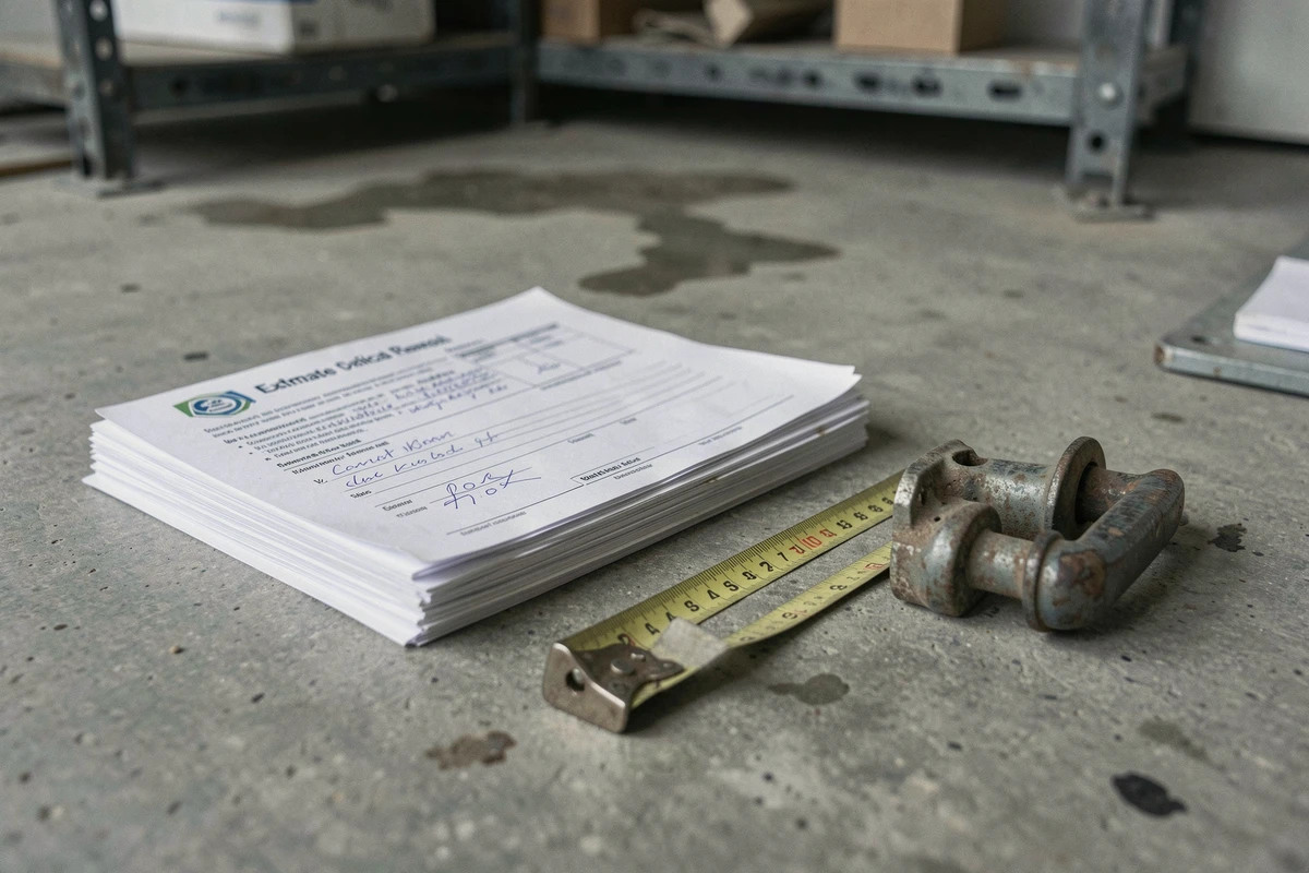 Documents d'estimation et outils d'inspection posés sur un sol de garage pour reprise de mobil-home