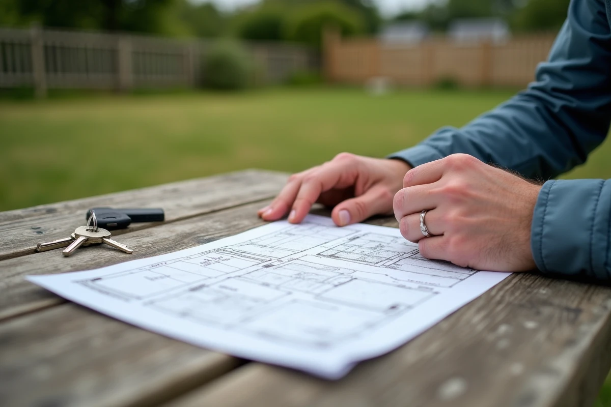 Documents de vente de terrain avec mobil-home posés sur une table en bois en Vendée lors d'une transaction entre particuliers
