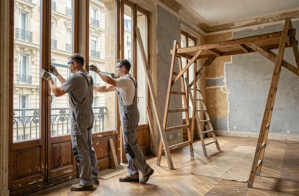 Ouvriers posant des fenêtres à double vitrage à profil mince dans un appartement haussmannien pour améliorer l'isolation thermique
