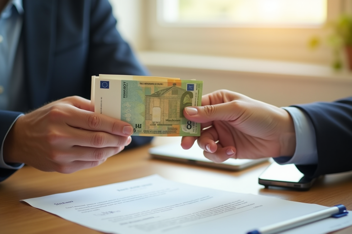 Main échange enveloppe avec billets euro et contrat signé
