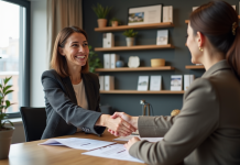 Location appartement : comment choisir la meilleure agence ? Femme professionnelle serrant la main d'un agent immobilier souriant