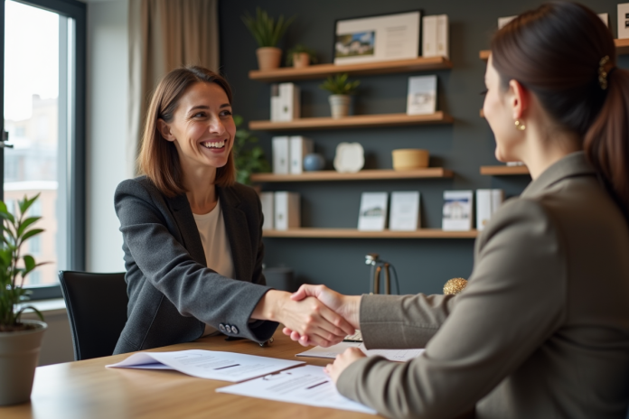 echange-professionnel-immobilier Femme professionnelle serrant la main d'un agent immobilier souriant