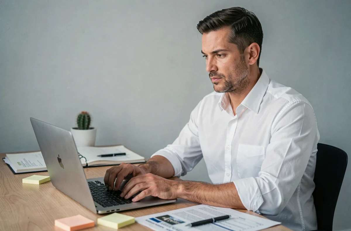 Homme rédigeant un email de première prise de contact avec un notaire pour un achat immobilier
