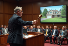 Hommes lors d'une enchère immobiliere avec maison en projection