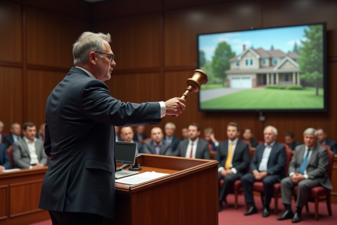 Hommes lors d'une enchère immobiliere avec maison en projection