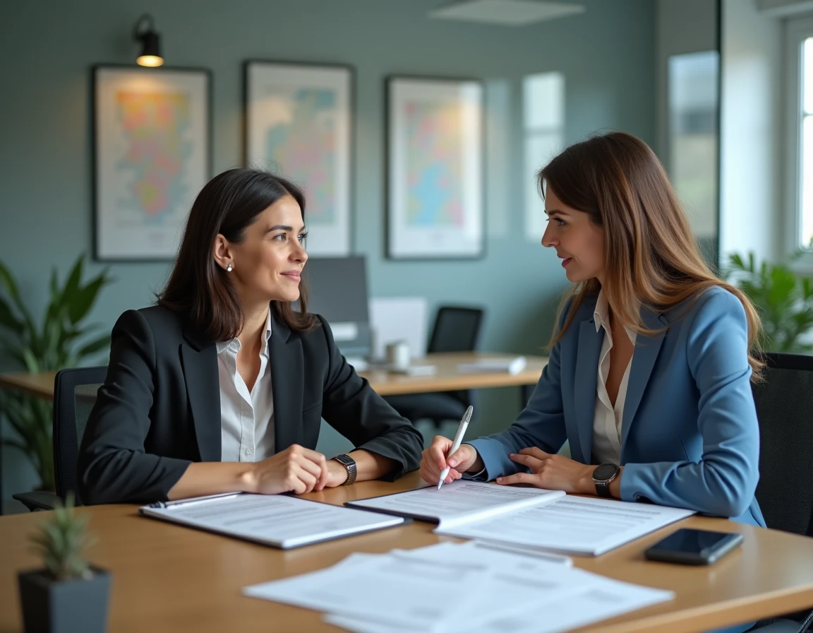 Entretien entre une candidate locataire et une agente immobilière autour d'un contrat de location, illustrant les démarches pour louer sans fiche de paie après un divorce