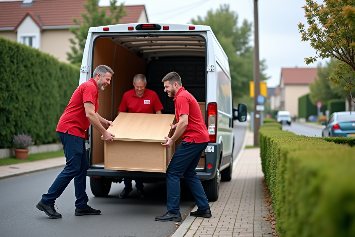 Equipe de déménageurs professionnels chargeant un meuble dans une camionnette