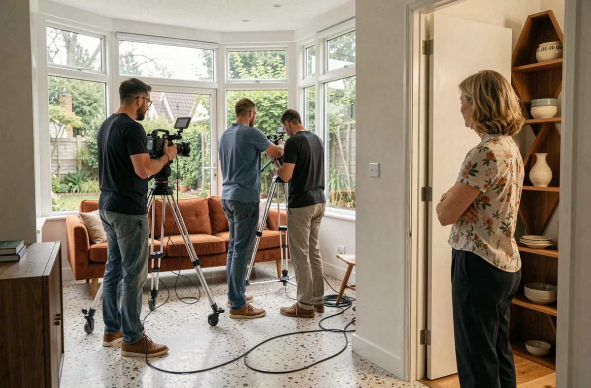 Propriétaire observant une équipe de tournage s'installer dans son salon moderne avec jardin en arrière-plan