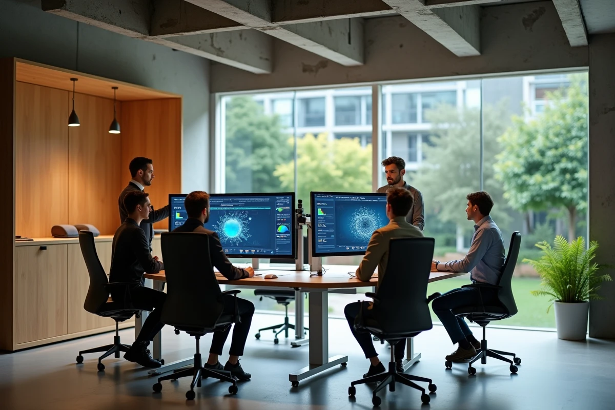 Espace de travail numérique collaboratif dans l'immeuble Parallèle Enedis avec équipes et tableaux de bord digitaux