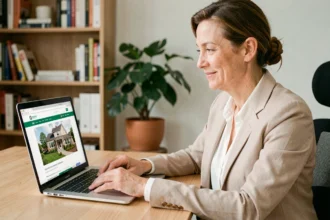 Femme utilisant un ordinateur portable pour réaliser une estimation immobilière gratuite en ligne sur bricosuccess-immo.fr depuis son bureau à domicile