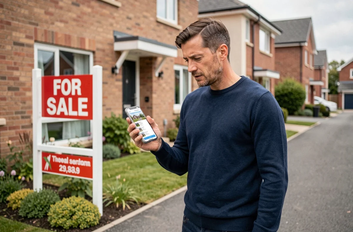 Homme consultant une estimation immobilière gratuite sur smartphone devant une maison à vendre en banlieue résidentielle