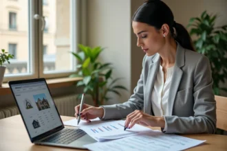 Conseillère immobilière analysant une estimation de loyer sur ordinateur portable dans une agence moderne à Lyon