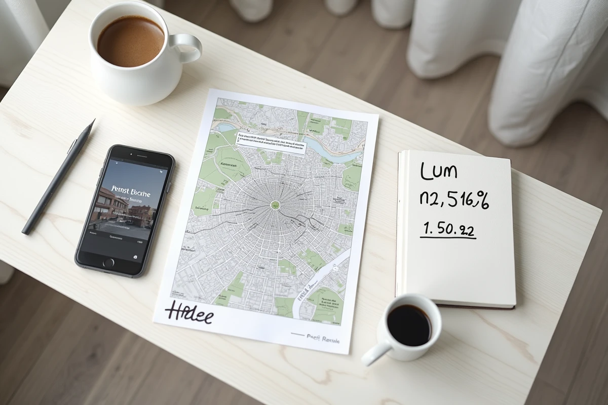 Vue du dessus d'un bureau avec carte de Lyon annotée et smartphone affichant une estimation de loyer en ligne
